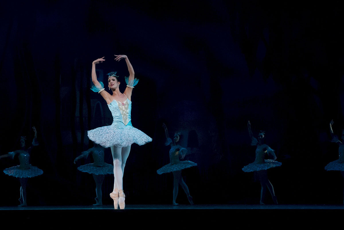 Ballerina dances on stage in Don Quixote ballet performance